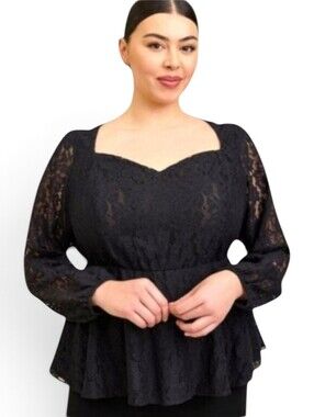 Torrid 2X Black sweetheart neck peplum lace puff sleeve blouse gothic NWT